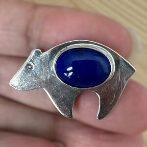 Navajo Arnold Maloney Brooch Pin 1.25" Bear Blue Lapis Lazuli 925 Sterling 4.4g
